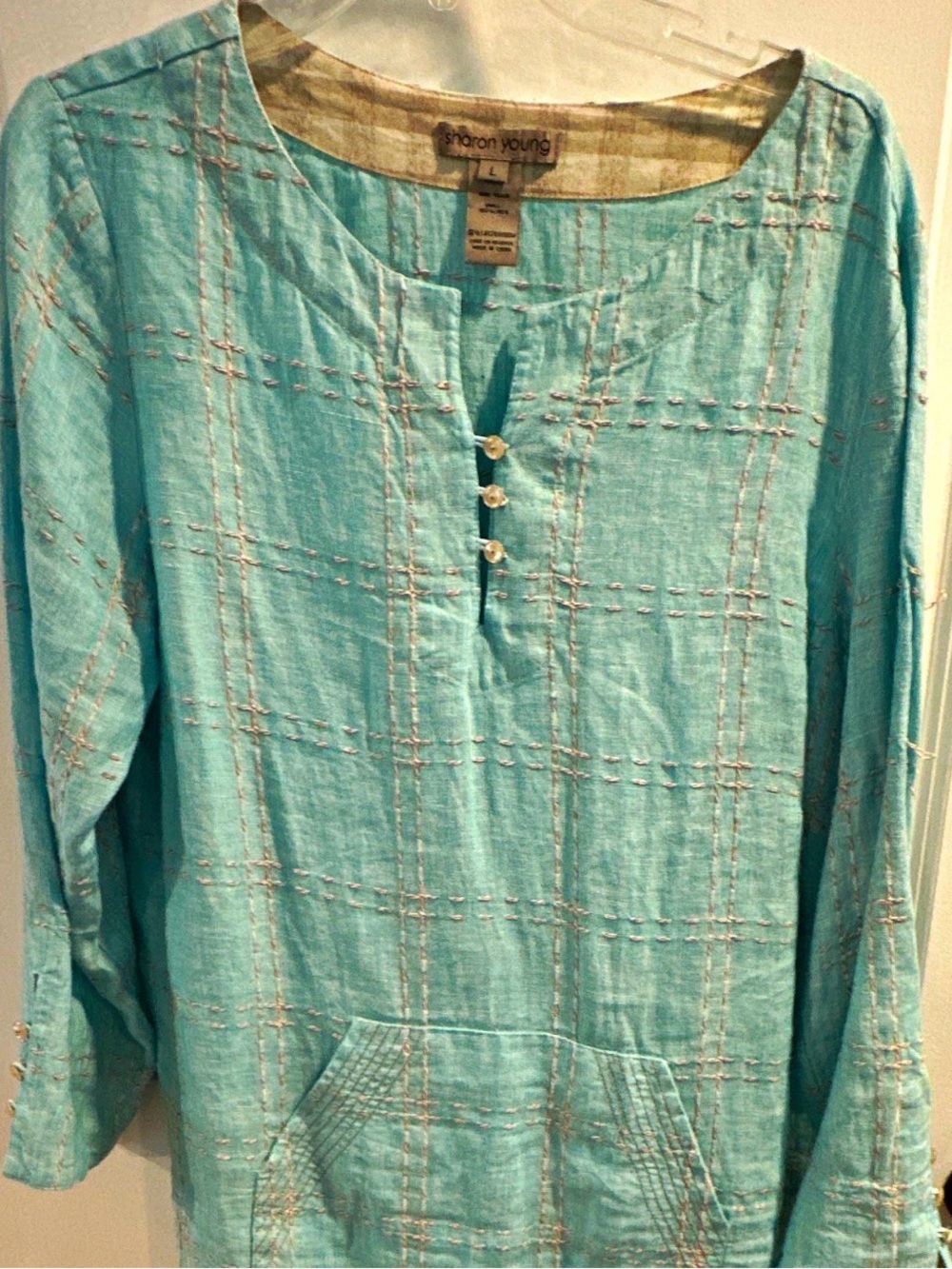 Sharon Young Turquoise Button-Placket Linen Pullover